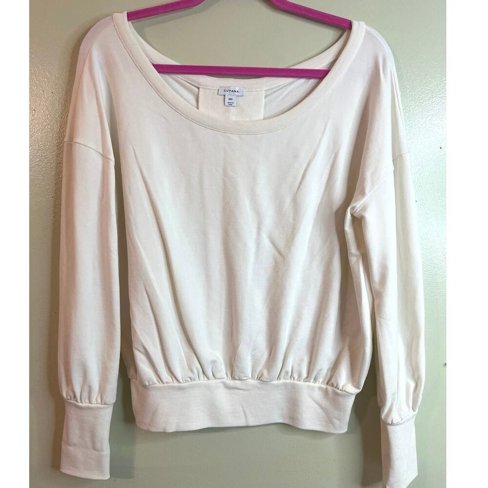 Cuyana French Terry Pleat-Back Cinch Waist Sweatshirt —White/Stone, Size Medium